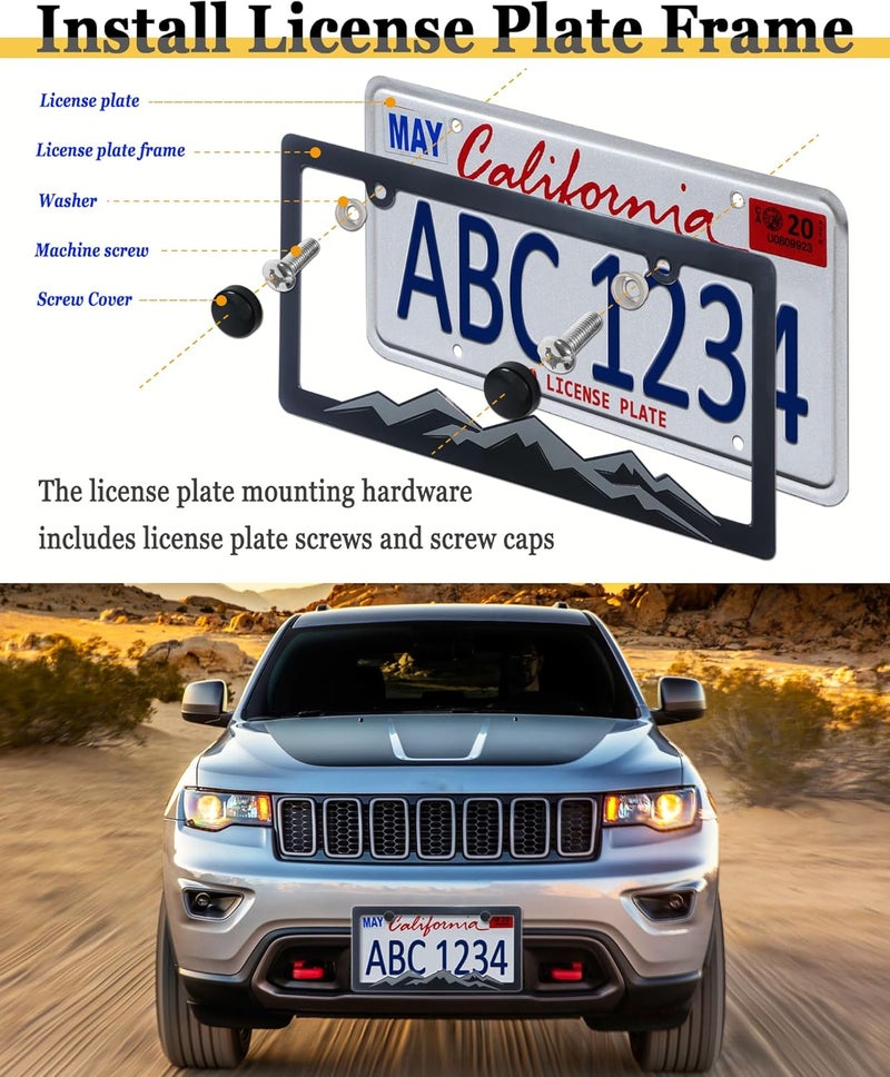 BGGTMO Mountain License Plate Frames- Gray on Black Mountain Raised, Plastic Car Tag Holder Bracket with Screws Caps, 2 Packs 2 Hole with Mountain Vinyl Sticker - Image 5